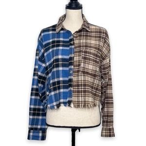 Just Polly Womens Juniors Plaid Cropped Flannel Button Shirt Size Large NEW